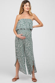 Light Olive Floral Strapless Asymmetrical Hem Maternity Jumpsuit