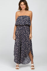 Navy Floral Strapless Asymmetrical Hem Maternity Jumpsuit