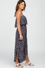 Navy Floral Strapless Asymmetrical Hem Jumpsuit