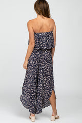 Navy Floral Strapless Asymmetrical Hem Jumpsuit