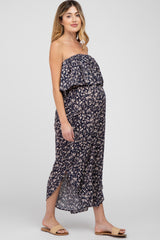 Navy Floral Strapless Asymmetrical Hem Maternity Jumpsuit