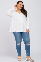 Ivory Button Accent Long Sleeve Plus Top