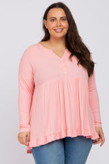 Pink Button Accent Long Sleeve Maternity Plus Top