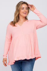 Pink Button Accent Long Sleeve Maternity Plus Top