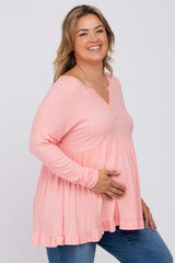 Pink Button Accent Long Sleeve Maternity Plus Top