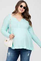 Aqua Button Accent Long Sleeve Maternity Plus Top