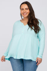 Aqua Button Accent Long Sleeve Maternity Plus Top