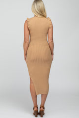 Camel Ribbed Flutter Accent Maternity Midi Dress