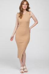 Camel Ribbed Flutter Accent Maternity Midi Dress