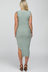 Mint Green Ribbed Flutter Accent Maternity Midi Dress