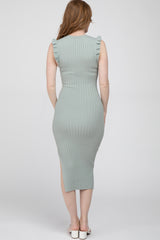 Mint Green Ribbed Flutter Accent Midi Dress