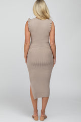 Taupe Ribbed Flutter Accent Maternity Midi Dress