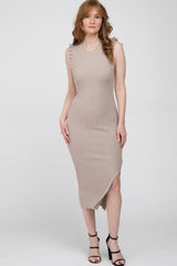 Taupe Ribbed Flutter Accent Maternity Midi Dress