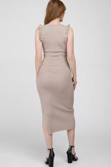 Taupe Ribbed Flutter Accent Midi Dress