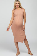 Peach Ribbed Flutter Accent Maternity Midi Dress