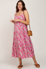 Fuchsia Floral Sleeveless Tiered Maternity Maxi Dress