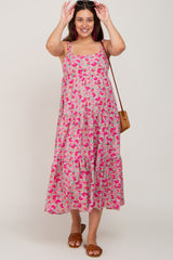 Fuchsia Floral Sleeveless Tiered Maternity Maxi Dress