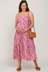 Fuchsia Floral Sleeveless Tiered Maternity Maxi Dress