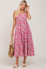 Fuchsia Floral Sleeveless Tiered Maternity Maxi Dress