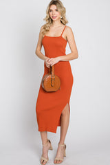 Orange Ribbed Square Neck Side Slit Midi Dress