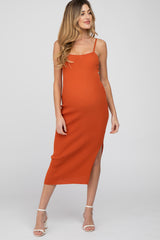 Orange Ribbed Square Neck Side Slit Maternity Midi Dress