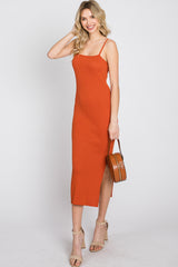 Orange Ribbed Square Neck Side Slit Maternity Midi Dress