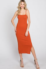 Orange Ribbed Square Neck Side Slit Midi Dress