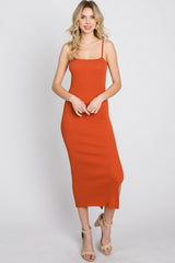 Orange Ribbed Square Neck Side Slit Midi Dress