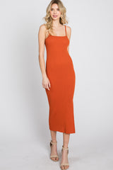 Orange Ribbed Square Neck Side Slit Midi Dress