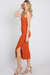 Orange Ribbed Square Neck Side Slit Midi Dress