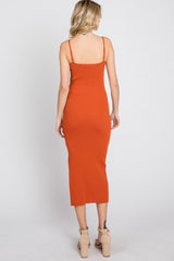 Orange Ribbed Square Neck Side Slit Midi Dress