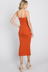 Orange Ribbed Square Neck Side Slit Midi Dress