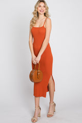 Orange Ribbed Square Neck Side Slit Midi Dress