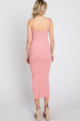 Pink Ribbed Square Neck Side Slit Midi Dress