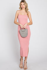 Pink Ribbed Square Neck Side Slit Midi Dress