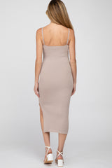 Taupe Ribbed Square Neck Side Slit Maternity Midi Dress