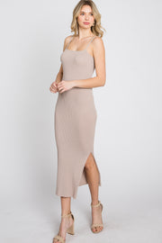 Taupe Ribbed Square Neck Side Slit Midi Dress