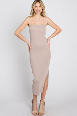 Taupe Ribbed Square Neck Side Slit Midi Dress