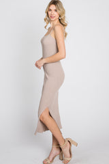 Taupe Ribbed Square Neck Side Slit Midi Dress