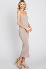 Taupe Ribbed Square Neck Side Slit Midi Dress