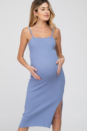 Periwinkle Ribbed Square Neck Side Slit Maternity Midi Dress