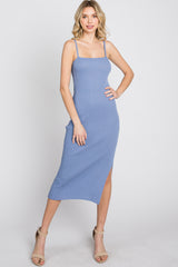 Periwinkle Ribbed Square Neck Side Slit Maternity Midi Dress