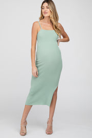 Mint Green Ribbed Square Neck Side Slit Maternity Midi Dress