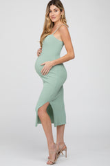 Mint Green Ribbed Square Neck Side Slit Maternity Midi Dress