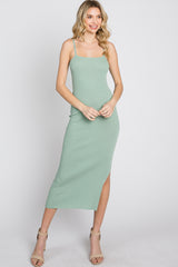 Mint Green Ribbed Square Neck Side Slit Maternity Midi Dress