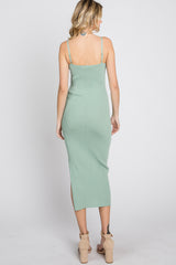 Mint Green Ribbed Square Neck Side Slit Midi Dress