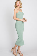 Mint Green Ribbed Square Neck Side Slit Midi Dress