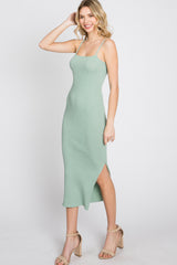 Mint Green Ribbed Square Neck Side Slit Midi Dress