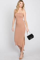 Mocha Ribbed Square Neck Side Slit Midi Dress