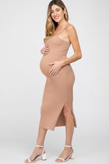 Mocha Ribbed Square Neck Side Slit Maternity Midi Dress